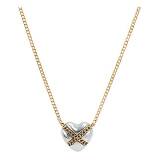 Tiffany & Co. Cross My Heart 18k Yellow Gold Silver Two-Tone Pendant Necklace For Sale