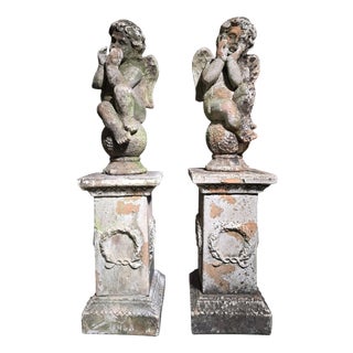 Italian Artist, Cherub Sculptures on Pedestals, 19th Century, Terracotta, Set of 2 For Sale
