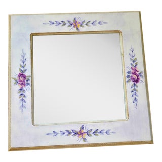 Vintage Cottagecore Square Wall Mirror | Cream Wood Frame With Hand-Painted Florals For Sale