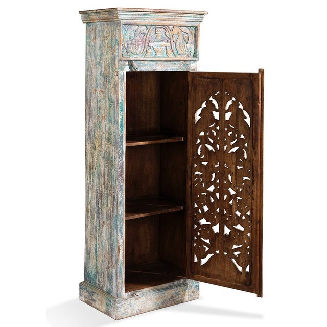 Wood Narrow Carved Single Door Cabinet, 1950s For Sale - Image 7 of 9