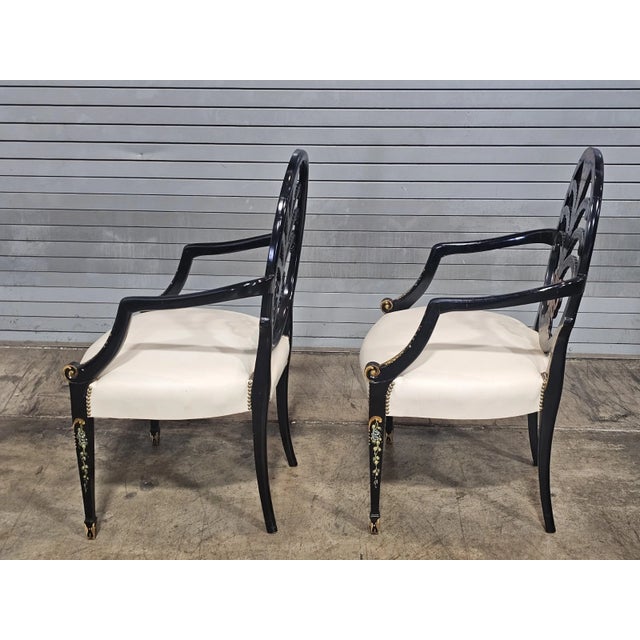 Late 20th Century Pair of Karges Hepplewhite Plum Arm Chairs Ebonized, Carved Hand Painted Leather Fabric For Sale - Image 11 of 11