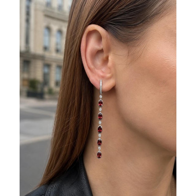 Modern Garnet Huggie Drop Earrings, Silver, Gold, Pair For Sale - Image 3 of 7