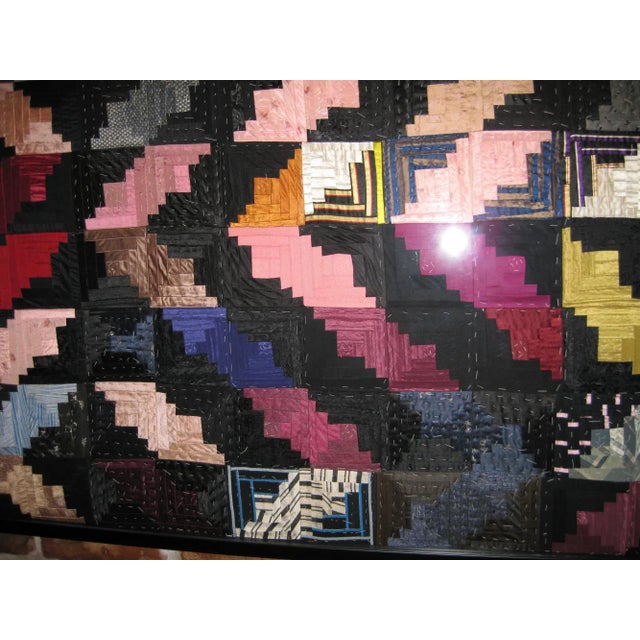 Framed Antique Satin Log Cabin Quilt - 70" x 50" For Sale - Image 4 of 6