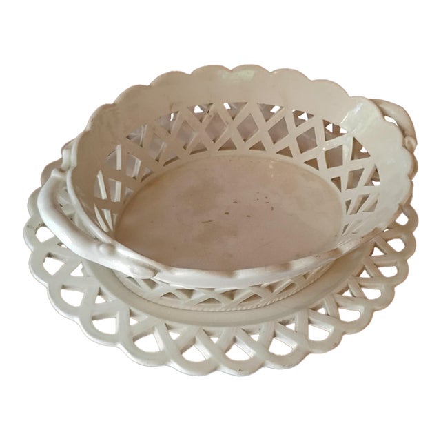 Mid 18th Century Georgian Cream Ware Reticulated Basket With Underdish For Sale