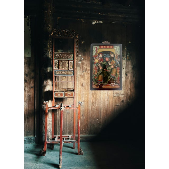 General Guan Yu and Retainers, Mid Century Chinese Reverse Painting on Glass, Rosewood Frame For Sale - Image 9 of 12