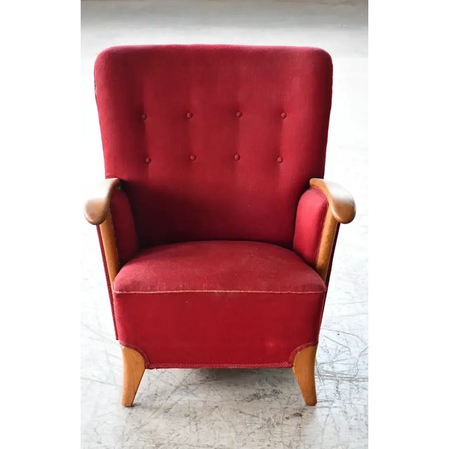 Mid-Century Modern Scandinavian Lounge Chair With Oak Armrest Conical Legs Red Wool, 1940's For Sale - Image 3 of 9