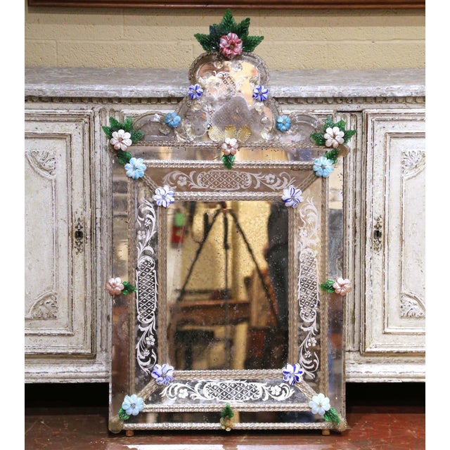 Mid 19th Century 19th Century Venetian Cushion Overlay Wall Mirror With Murano Glass Flowers For Sale - Image 5 of 12
