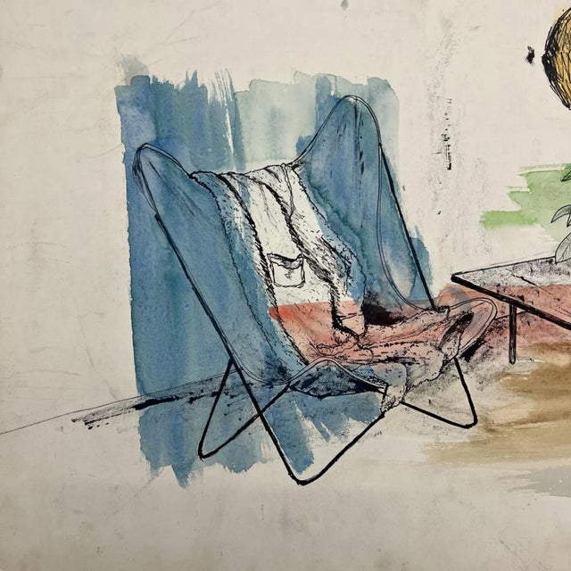 AMBIANIC presents 1960s Cool Blue Watercolor Ink on Paper Modern Interior Butterfly Chair + Globe Pendant + Coffee Table...