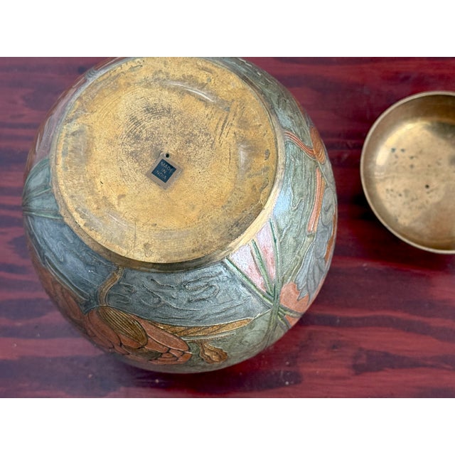 Metal Late 20th Century Brass and Enamel Ginger Jar With Dragonfly and Peonies For Sale - Image 7 of 8