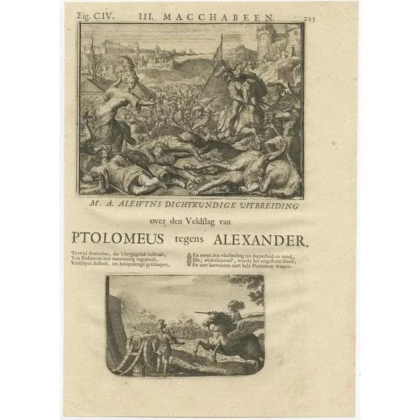 Antique print titled 'Mr. A. Alewyns dichtkundigebreiding over den Veldslag van Ptolomeus tegens Alexander (\.)'. Antique...
