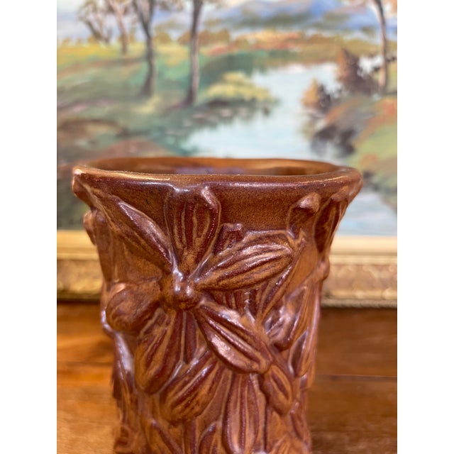Vintage Red Wing Pottery Brown Glazed Floral Relief Vase For Sale - Image 9 of 10