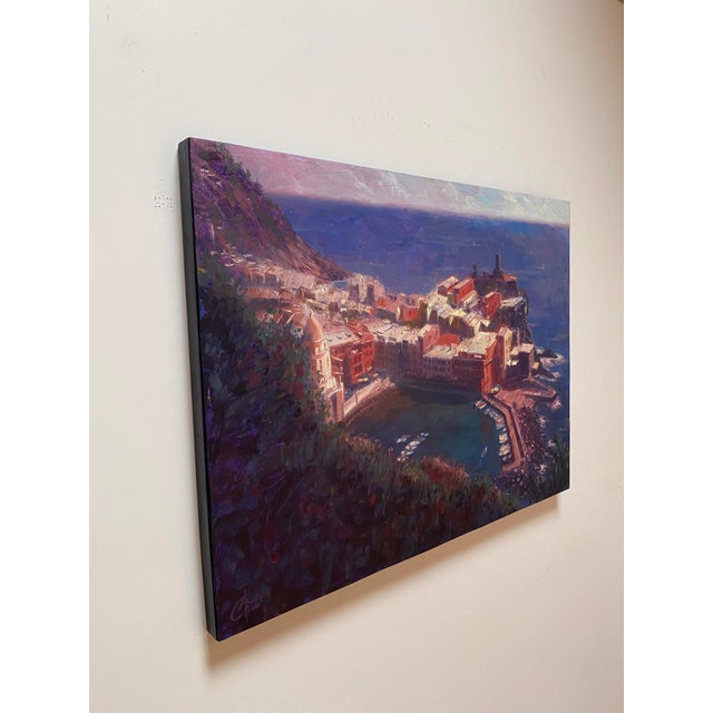 Cliffs of Vernazza by Christopher Clark | Oil on wood panel View of Vernazza village by the sea For Sale - Image 4 of 5
