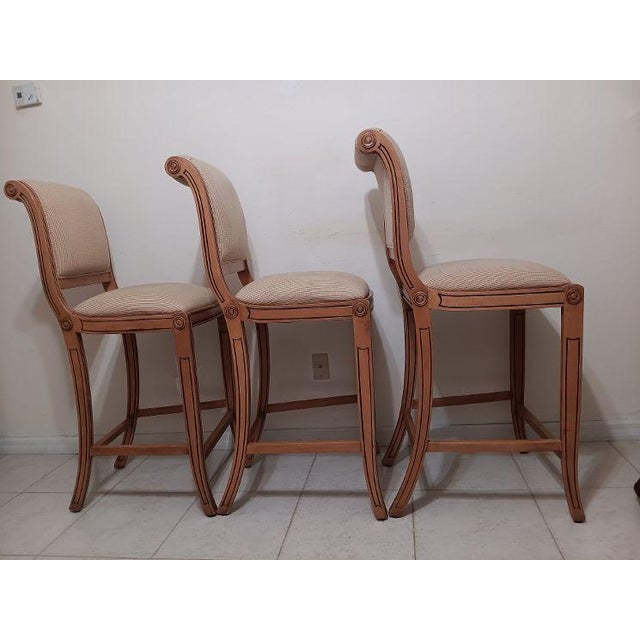 Wood Three 1970s Wooden Counter-Height Stools With Striped Upholstered Seats and Backrests For Sale - Image 7 of 8