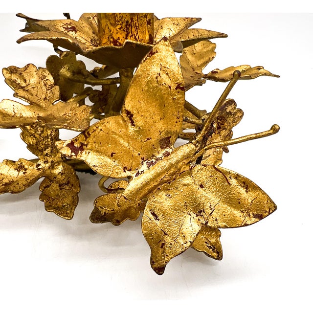 Vintage Italian Gold Gilt Tole Butterfly Candleholders, Pair, Hand-Formed Leaf & Vine Candlesticks - Hollywood Regency For Sale - Image 10 of 12