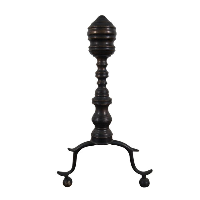 Pair of late 18th / early 19th century antique wrought iron and brass andirons / fire dogs featuring Colonial or Georgian...