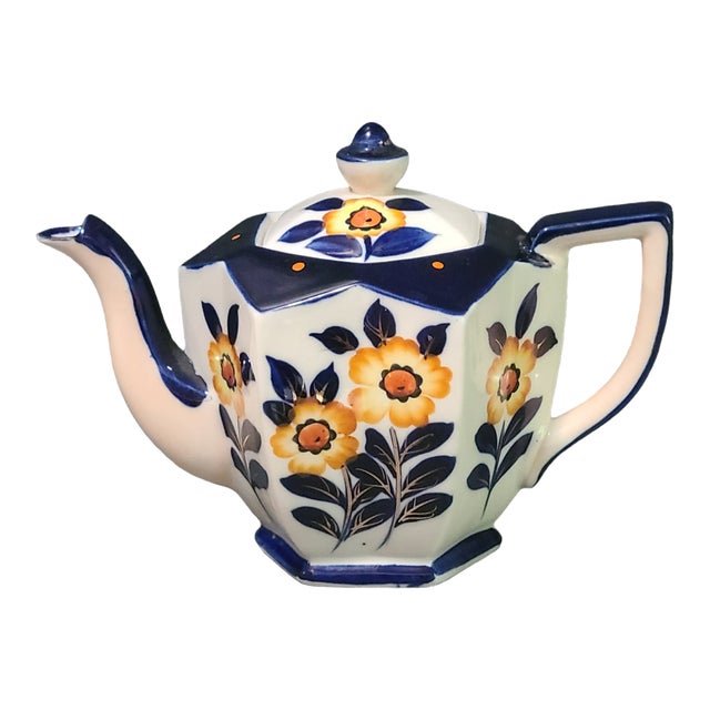 Antique Hexagonal Hand Painted Floral Japanese "Moriyama" Tea Pot For Sale