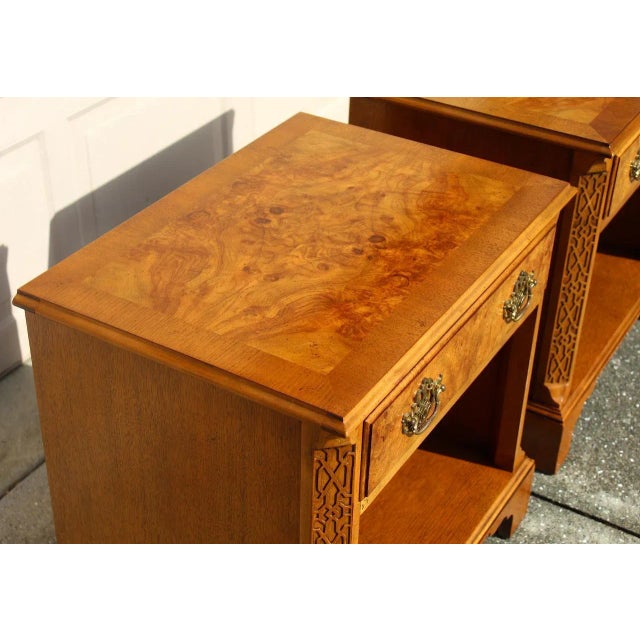 Pair of Vintage Burl Wood Chippendale Nightstands by Baker Furniture