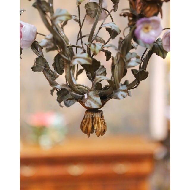 Early 20th Century Early 20th Century French Three-Light Tole Chandelier With Porcelain Flowers For Sale - Image 5 of 11