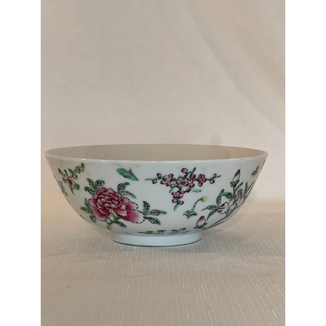 Late 20th Century Late 20th Century Vintage Famille Rose Chinese Porcelain Bowl With Peonies and Butterflies on Hand-Carved Stand For Sale - Image 5 of 13