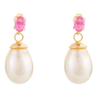 Pink Sapphire South Sea Pearl Drop Earrings- a Pair For Sale