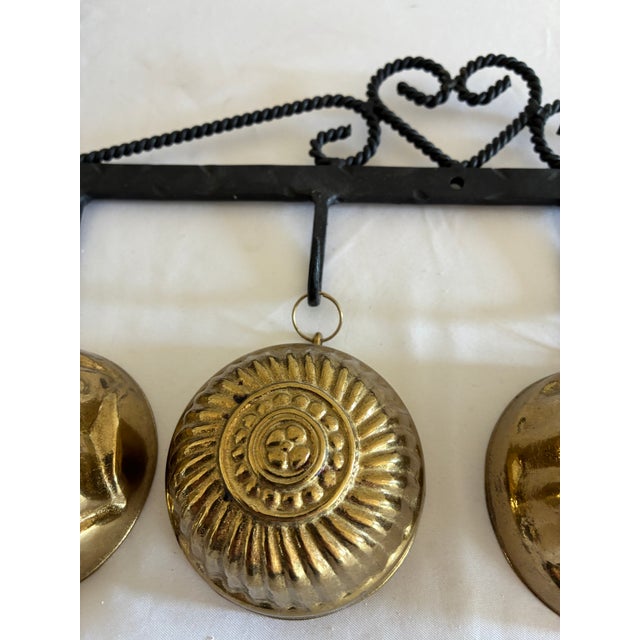 1970s Vintage Wrought Iron Heart Rack With 4 Brass Jelly Molds For Sale - Image 5 of 10