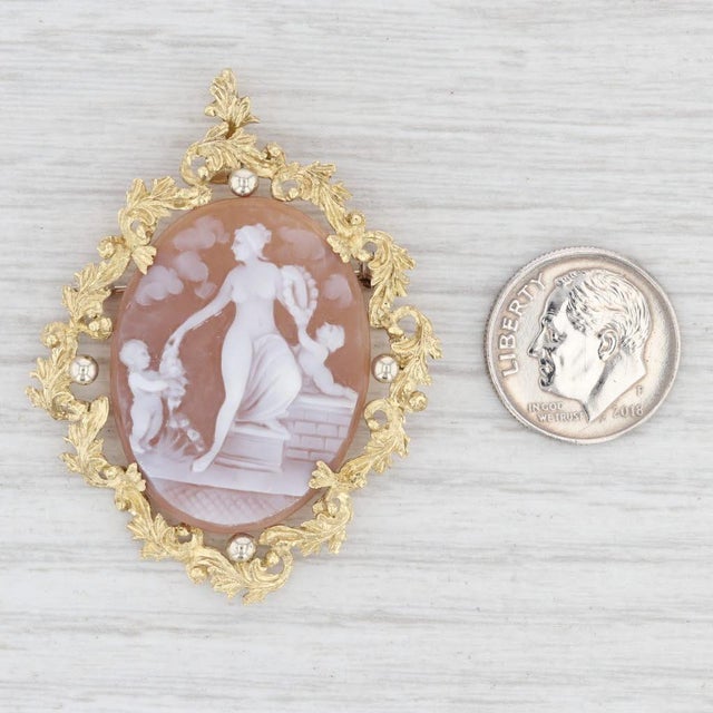 Figural Carved Shell Cameo Pendant Brooch 10k Gold Floral Wreath Woman Children For Sale - Image 4 of 4