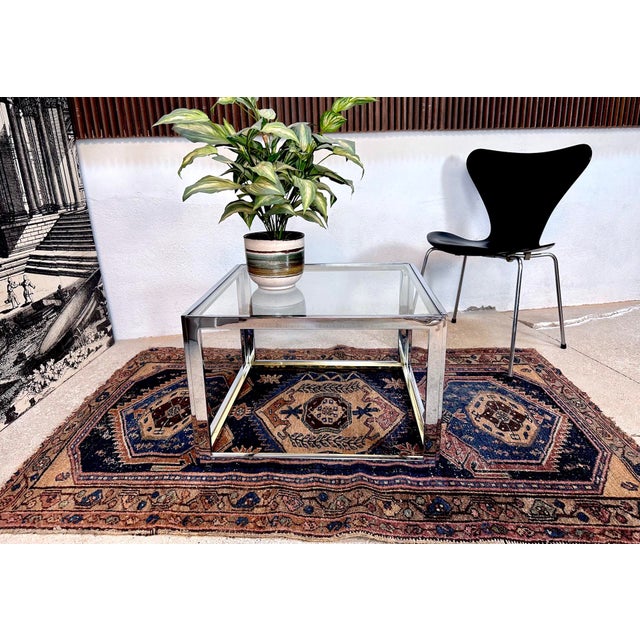 French Cube-Shaped Chrome Side Table with Glass Top and Brass Details from Maison Charles, 1970s For Sale - Image 13 of 17