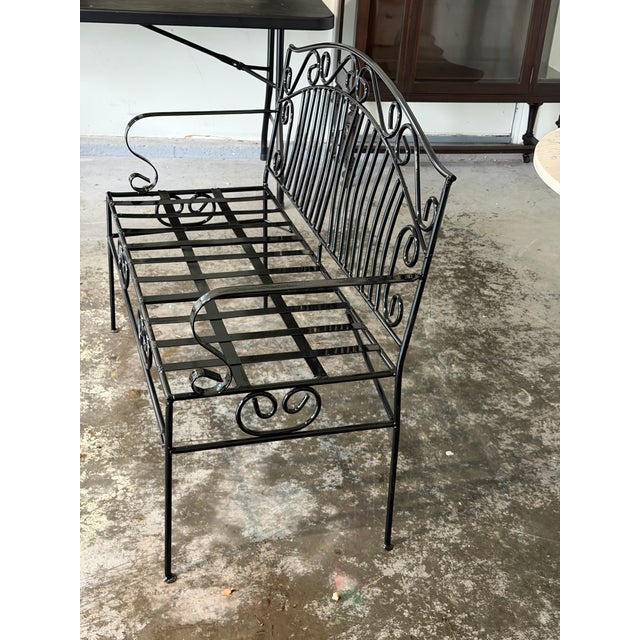 Metal Vintage French Provincial Style Wrought Iron Garden Bench in Glossy Black For Sale - Image 7 of 9