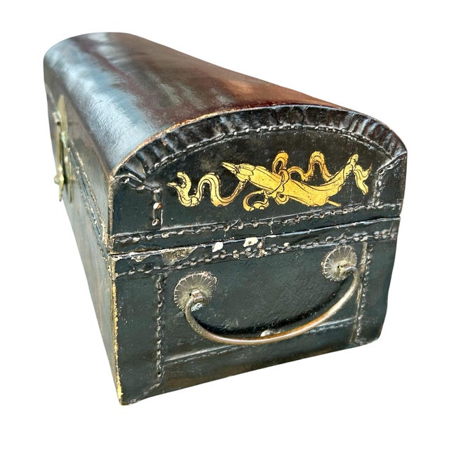 Antique 19th Century Chinese Leather Scroll Box crafted from lacquered wood with hand-painted decoration. Originally used...
