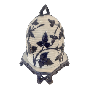 Majolica Beehive Cheese Dome & Stand Blue & White Rare by Mintons C1870