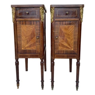 1940s Pair of French Empire Style Wood Nightstands With Inlay and Bronze Mounts For Sale