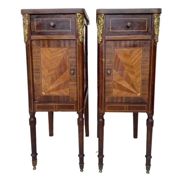 1940s Pair of French Empire Style Wood Nightstands With Inlay and Bronze Mounts For Sale