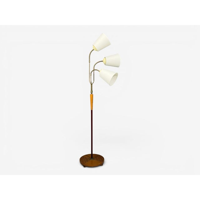 Swedish Modern, Adjustable Floor Lamp, Wood, Brass, Red Lacquer, Sweden, 1940s For Sale - Image 4 of 12