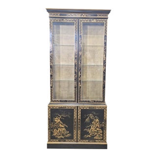 Late 20th Century Drexel Heritage Black Lacquer Et Cetera Chinoiserie China Cabinet Bookcase For Sale