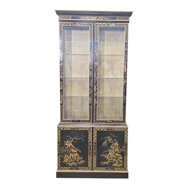Late 20th Century Drexel Heritage Black Lacquer Et Cetera Chinoiserie China Cabinet Bookcase For Sale