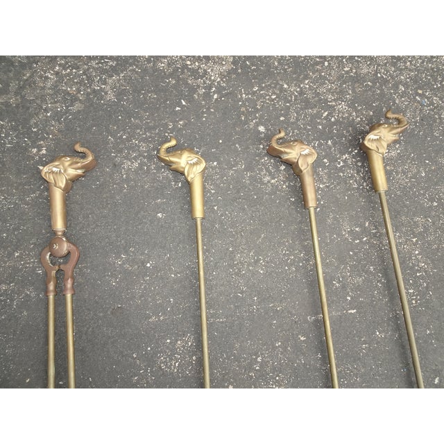 Brass Vintage French Country Brass Firplace Tools With Elephant Head Handles For Sale - Image 8 of 12