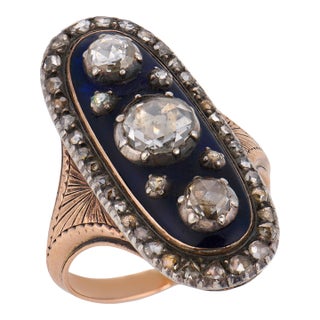Mid 19th Century Georgian Rose Cut Diamond 18k Rose Gold and Silver Navette Enamel Ring, Size 7.25 For Sale