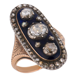 Mid 19th Century Georgian Rose Cut Diamond 18k Rose Gold and Silver Navette Enamel Ring, Size 7.25