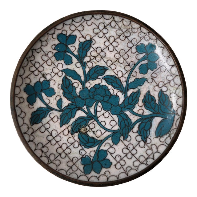 Small Turquoise and White Floral Cloisonne Dish For Sale