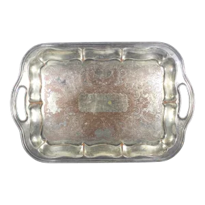Large Vintage Butler’s Tray Silver Plated Rectangular Handled Platter Viking Plate Handles
