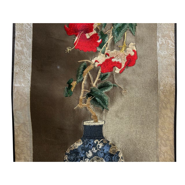 1970s Chinese Red Flower Vase Embroidery Scroll Painting Wall Art For Sale - Image 5 of 5