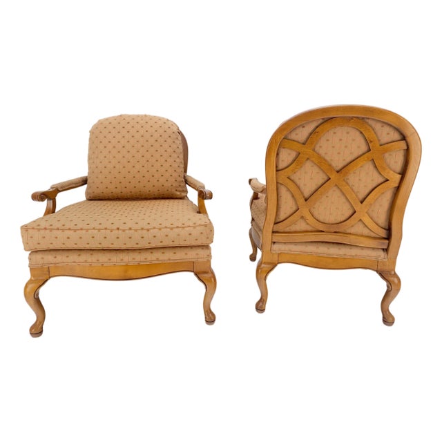 Pair of Wide Seat Carved Lattice Woodwork Back Queen Ann Lounge Chairs For Sale