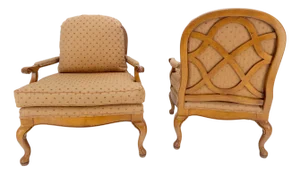 Pair of Wide Seat Carved Lattice Woodwork Back Queen Ann Lounge Chairs