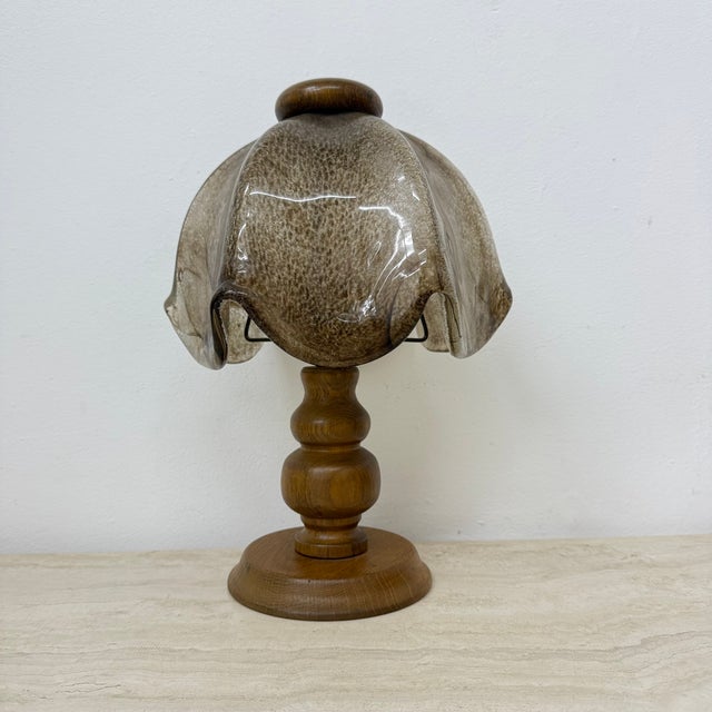 Vintage Brutalist Glass Table Lamp with Oak Wooden Base, 1970s, in Good conditions. Designed 1970 to 1979 European Plug...