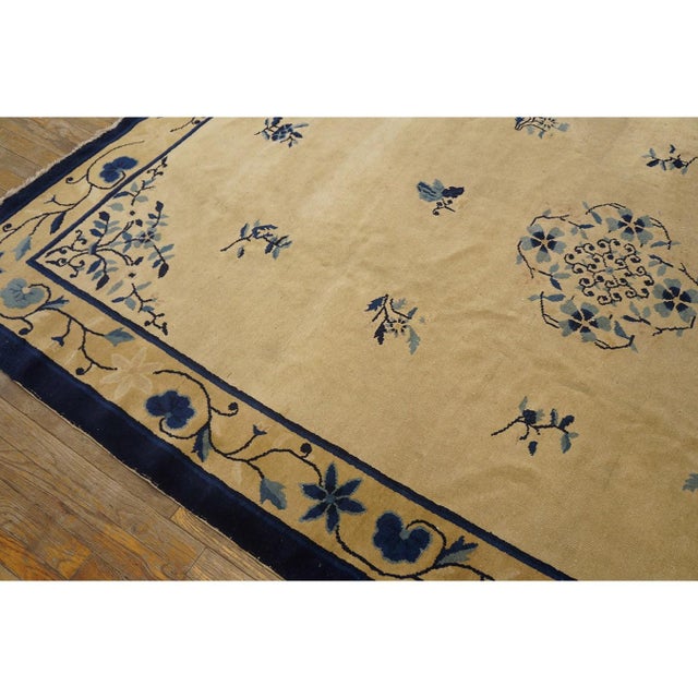 Beige 1900s Beige Floral Minimalist Deco Antique Peking Wool Knotted Small Rug For Sale - Image 8 of 10