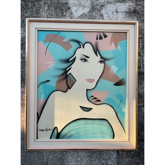 Post Modern Oil Painting in the Patrick Nagel Style, Framed and Signed by the Artist. Circa 1980s. For Sale In Miami - Image 6 of 15