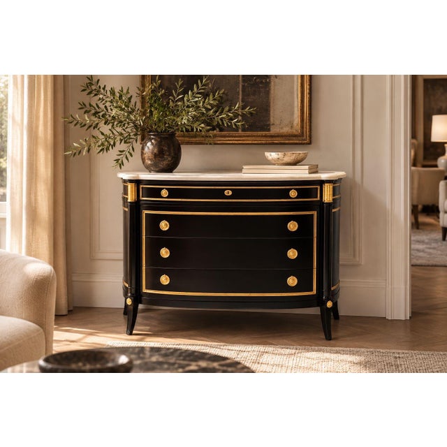 French Louis XVI, Hollywood Regency Chest of Drawers or Dresser, Ebonized Wood, Gilt Bronze, Marble, France, 1900s A...