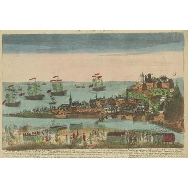 Antique print titled 'Siege et Prise de la Ville de Nice (\.)'. Original antique optical print of the siege of Nice,...