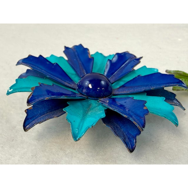 1960s Enamel Over Metal Two Tone Blue Flower Brooch Mod Daisy. Measures 3.25” x 2.25” diameter.