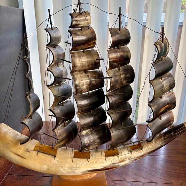 Large Vintage Carved Horn Ship Sculpture on Wooden Base For Sale - Image 4 of 12